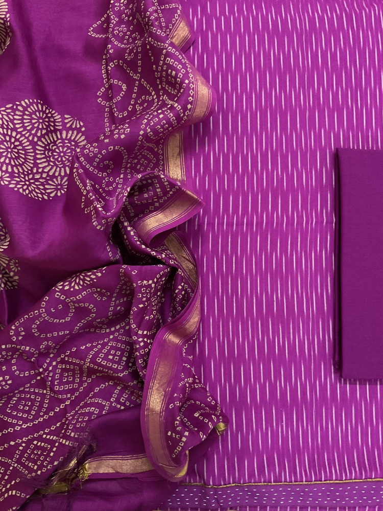 Image of Pure Fine Ikkat Cotton Self Weaved Printed Suit - Purple