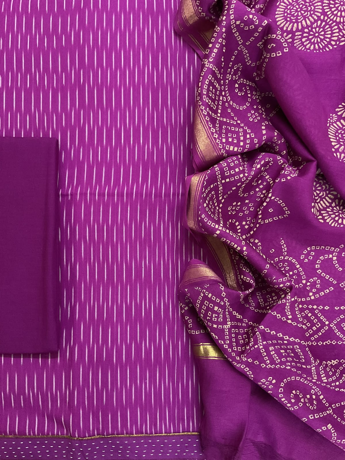 Pure Fine Ikkat Cotton Self Weaved Printed Suit - Purple