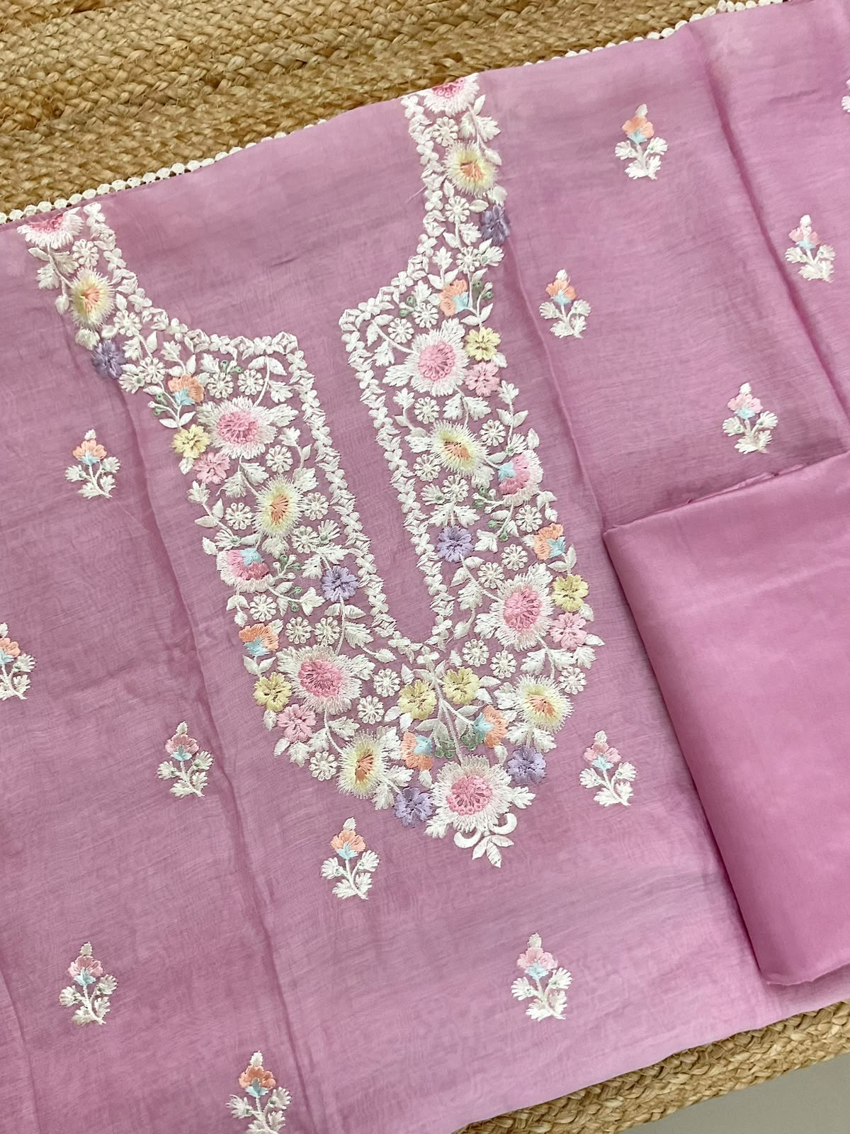 Pure Mul Chanderi Embroidered Suit - Pink