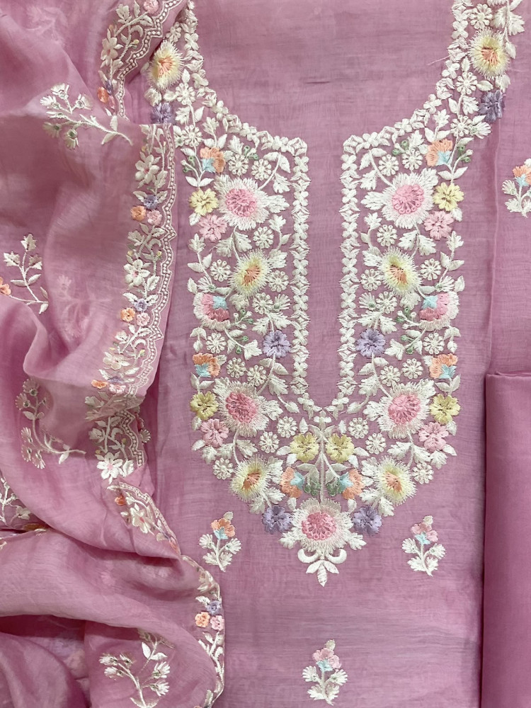 Image of Pure Mul Chanderi Embroidered Suit - Pink