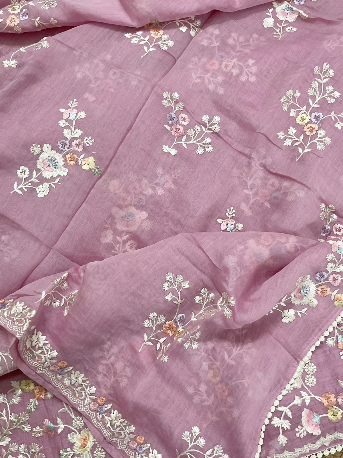 Pure Mul Chanderi Embroidered Suit - Pink