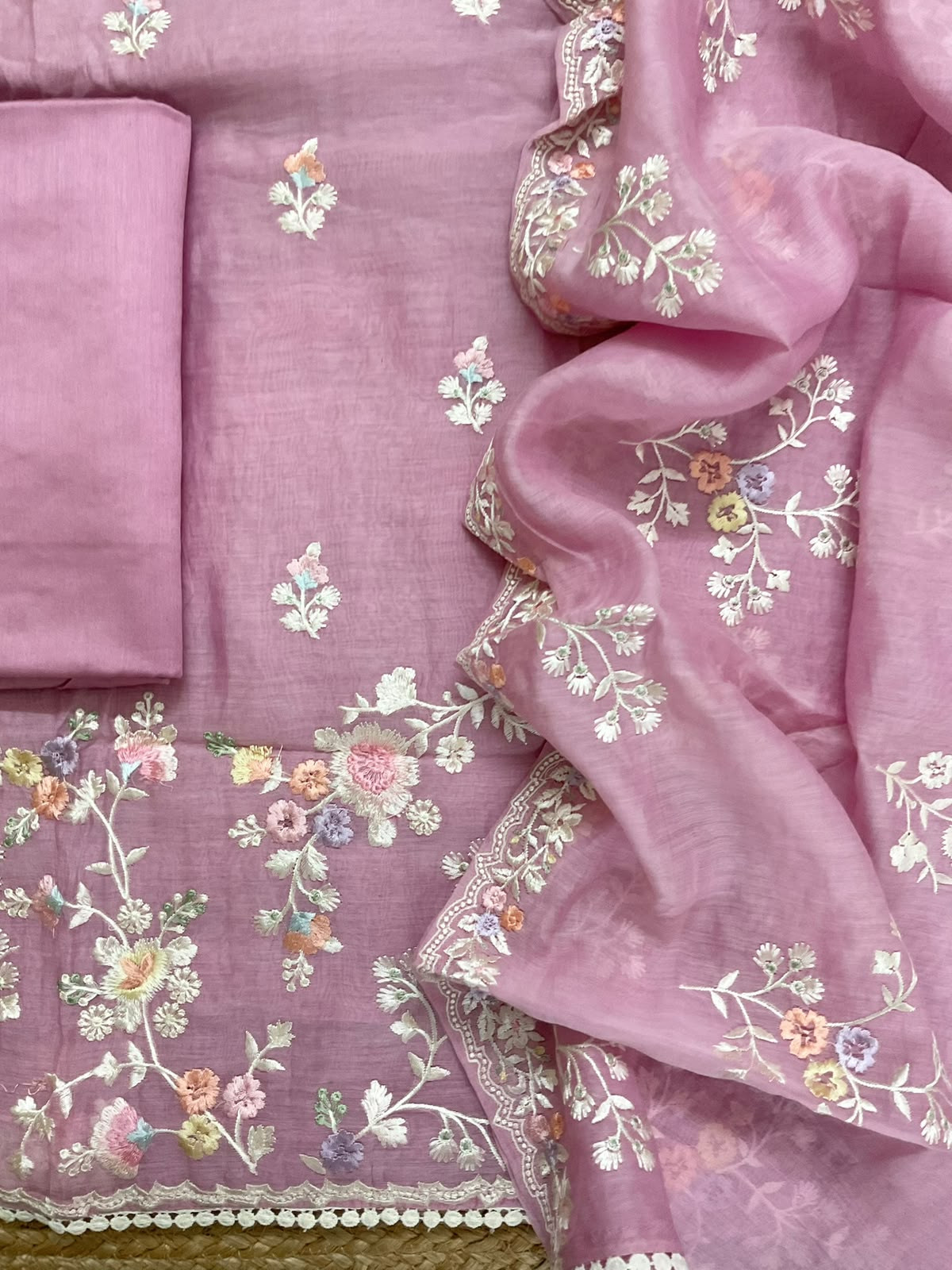 Pure Mul Chanderi Embroidered Suit - Pink