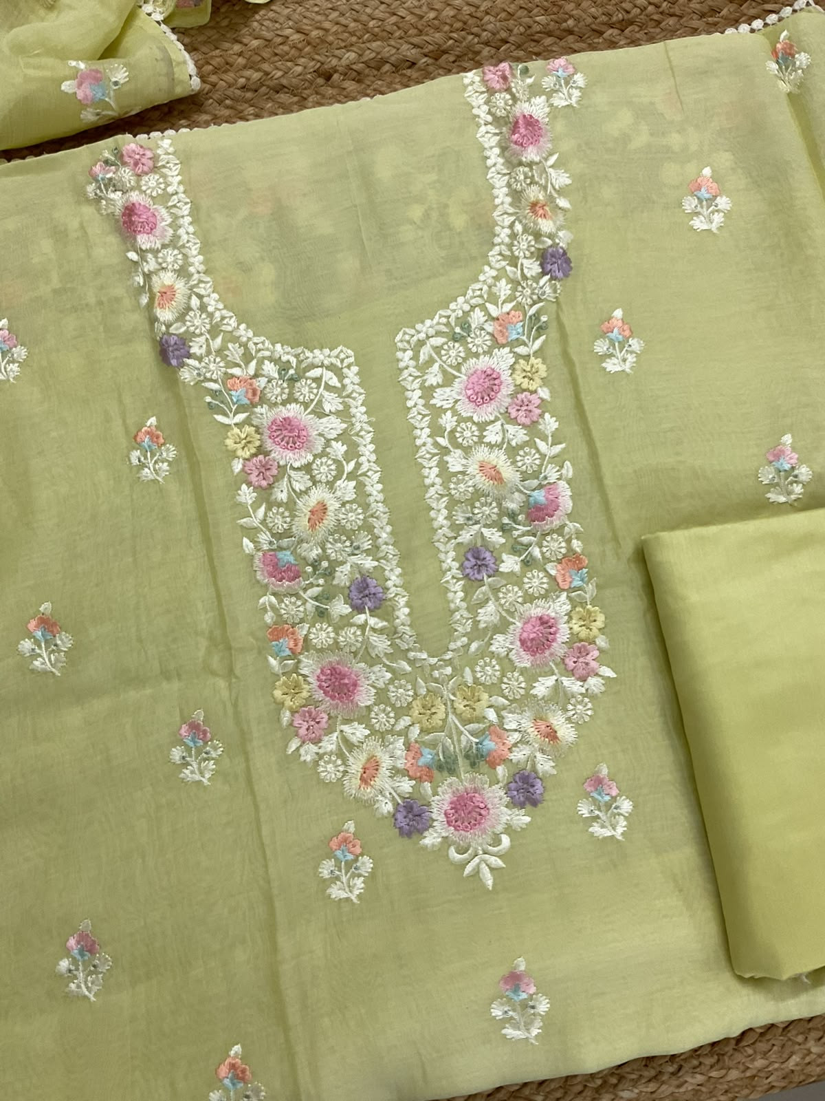 Pure Mul Chanderi Embroidered Suit - Yellow