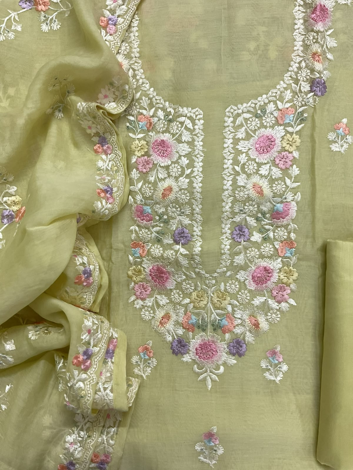 Pure Mul Chanderi Embroidered Suit - Yellow
