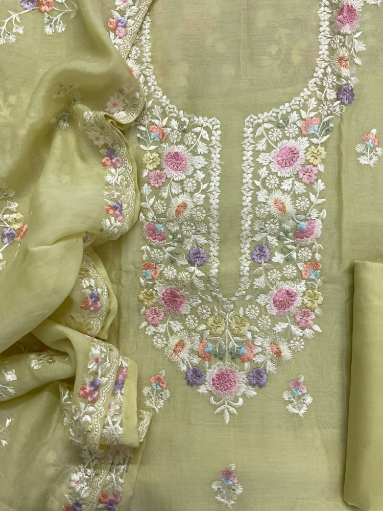 Image of Pure Mul Chanderi Embroidered Suit - Yellow