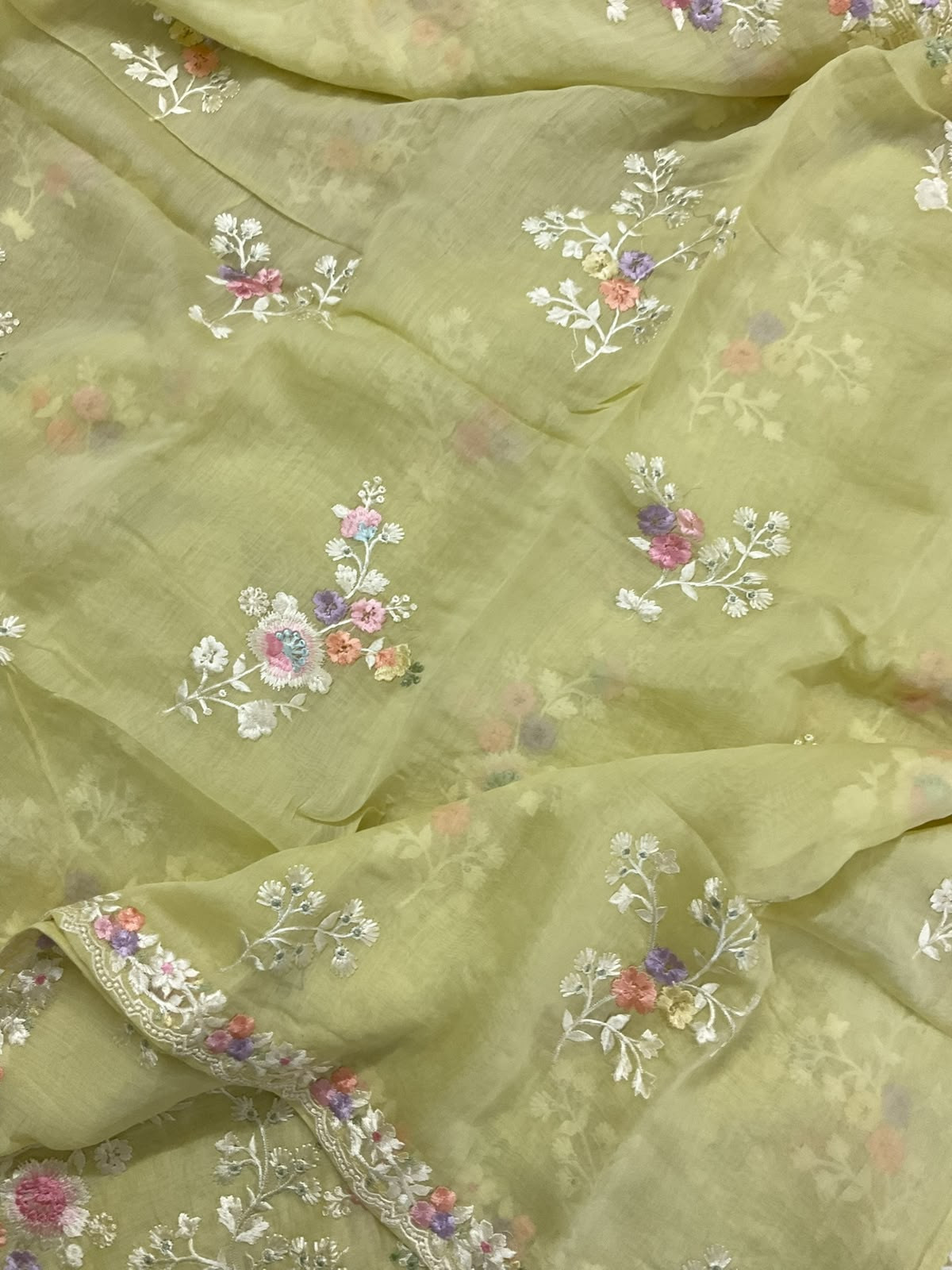 Pure Mul Chanderi Embroidered Suit - Yellow