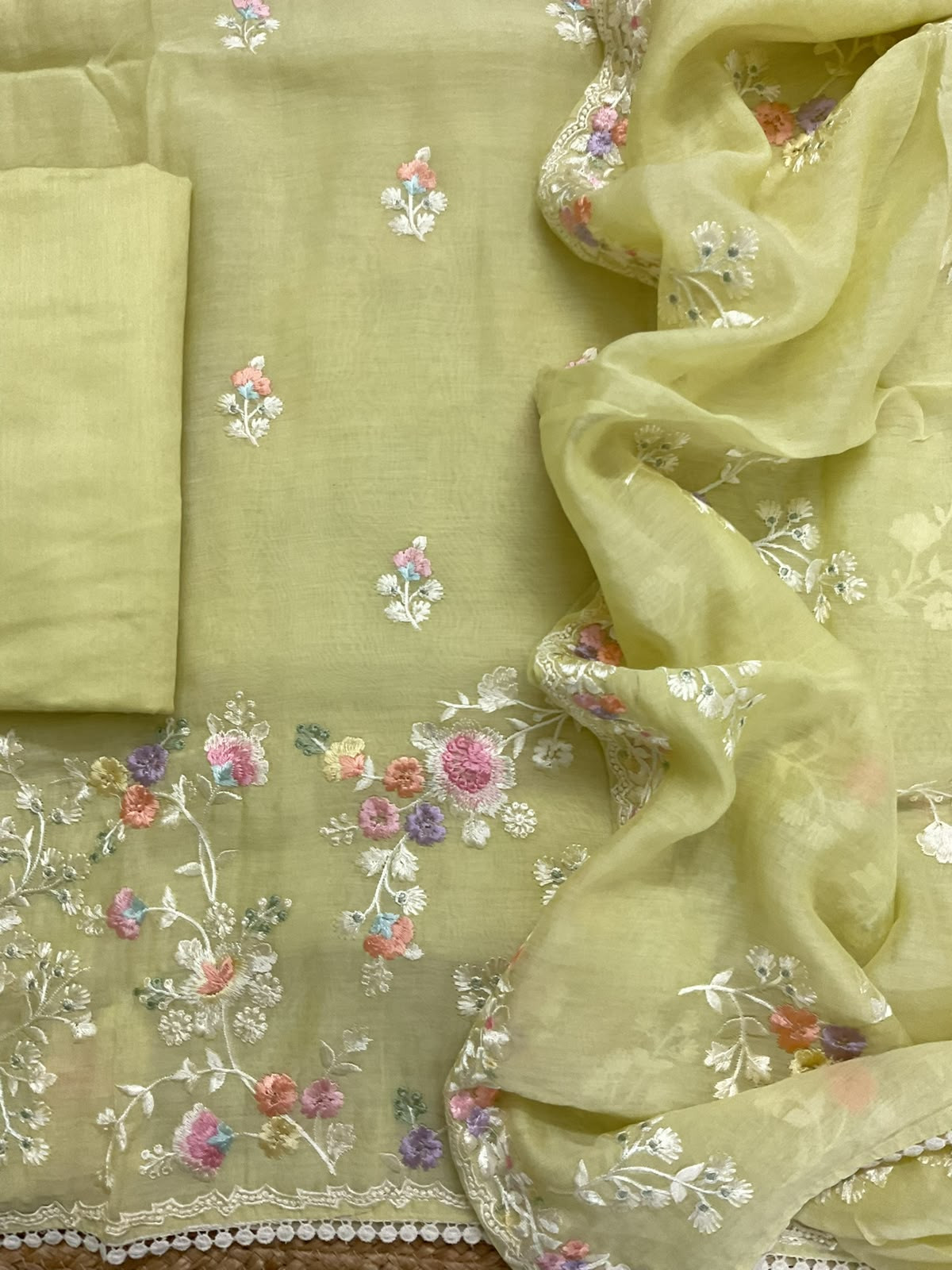Pure Mul Chanderi Embroidered Suit - Yellow