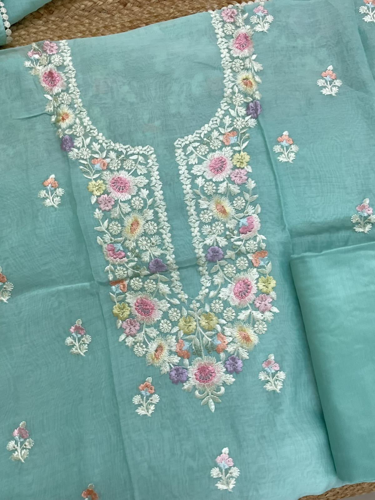 Pure Mul Chanderi Embroidered Suit - Blue