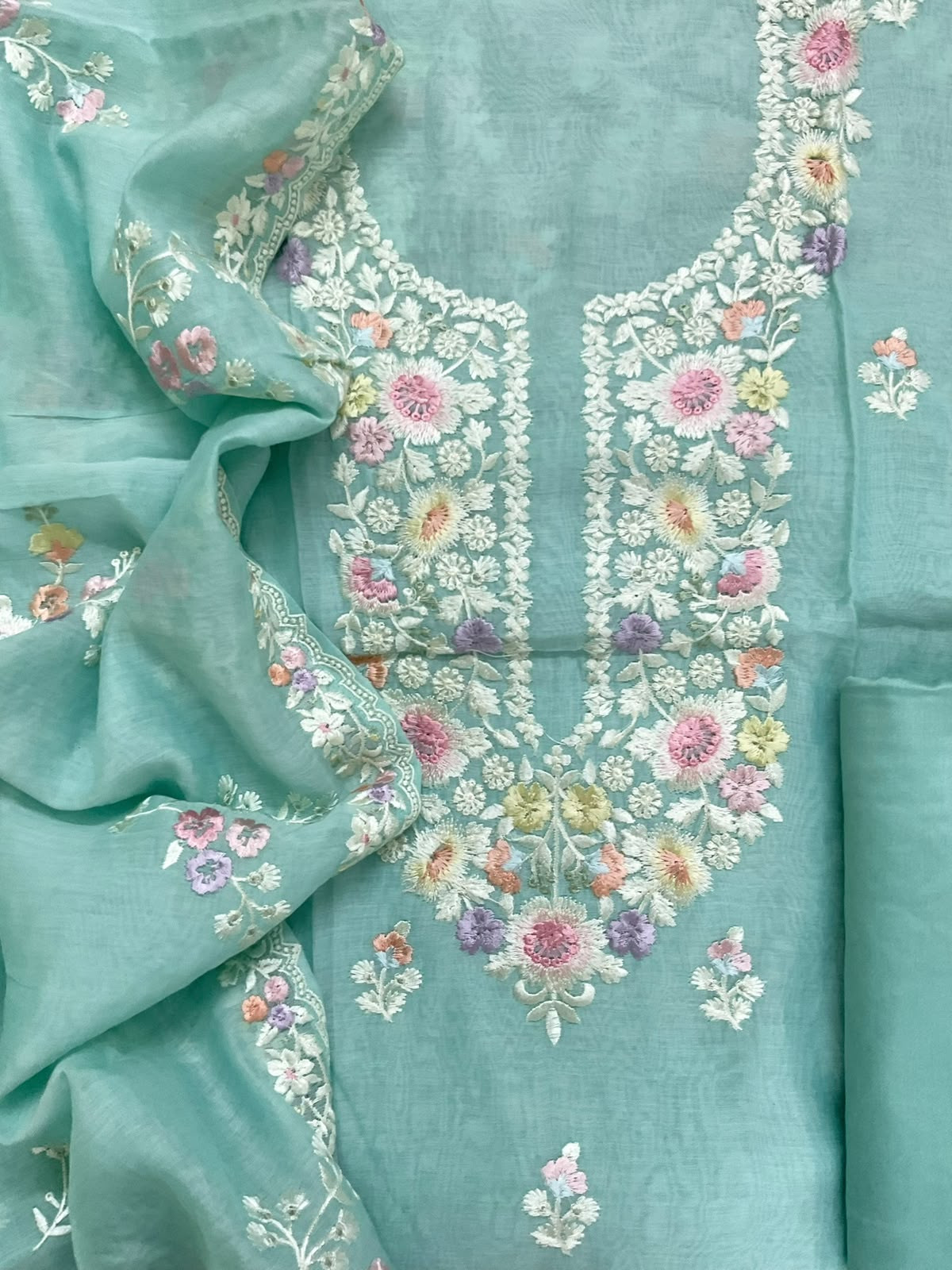 Pure Mul Chanderi Embroidered Suit - Blue