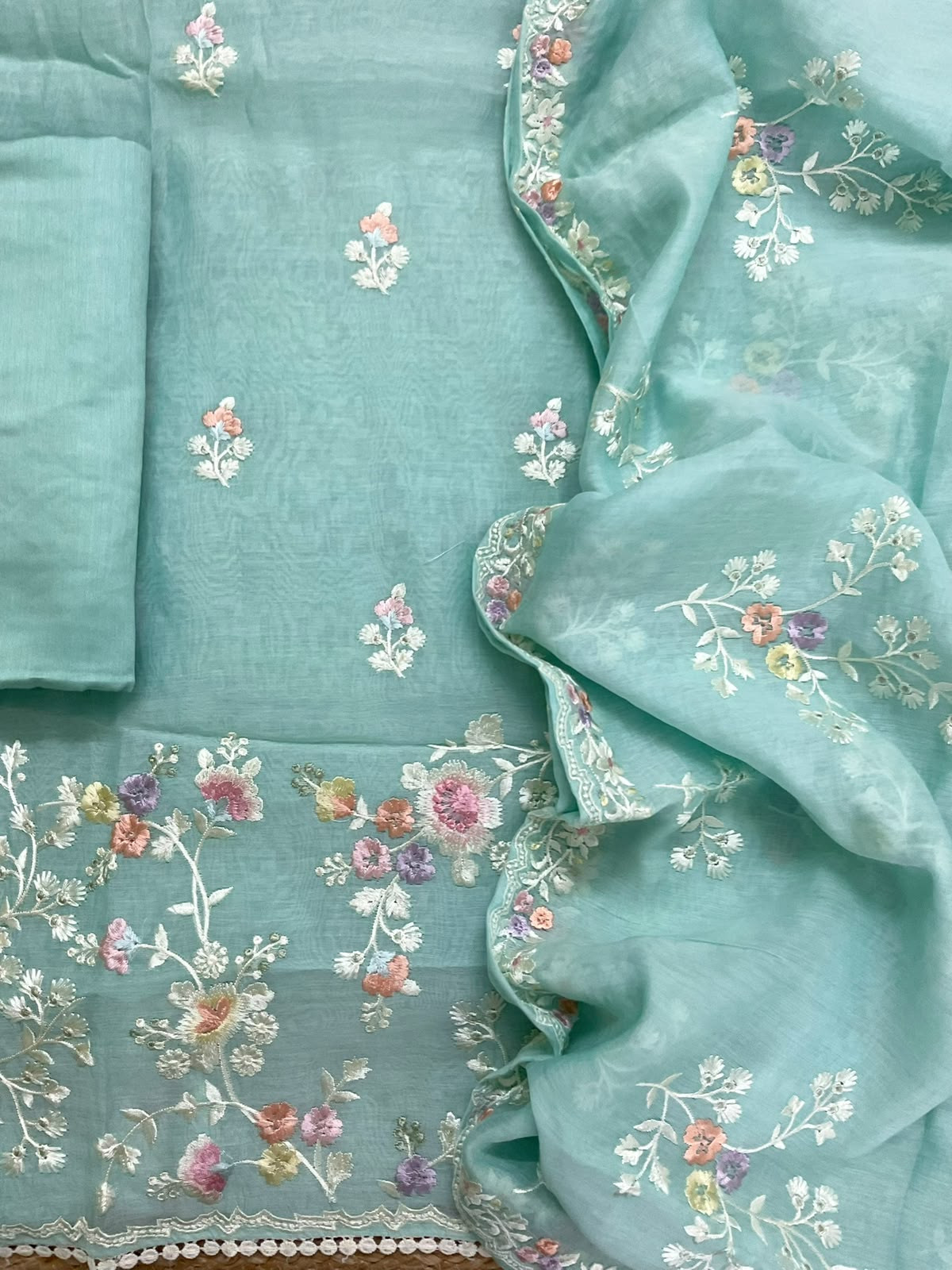 Pure Mul Chanderi Embroidered Suit - Blue
