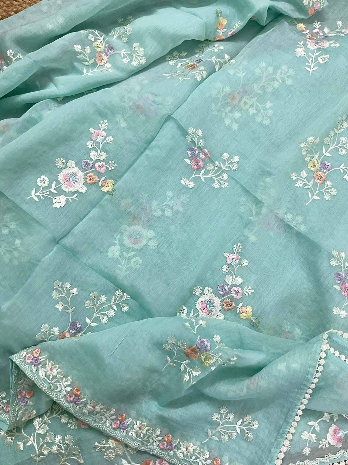 Pure Mul Chanderi Embroidered Suit - Blue