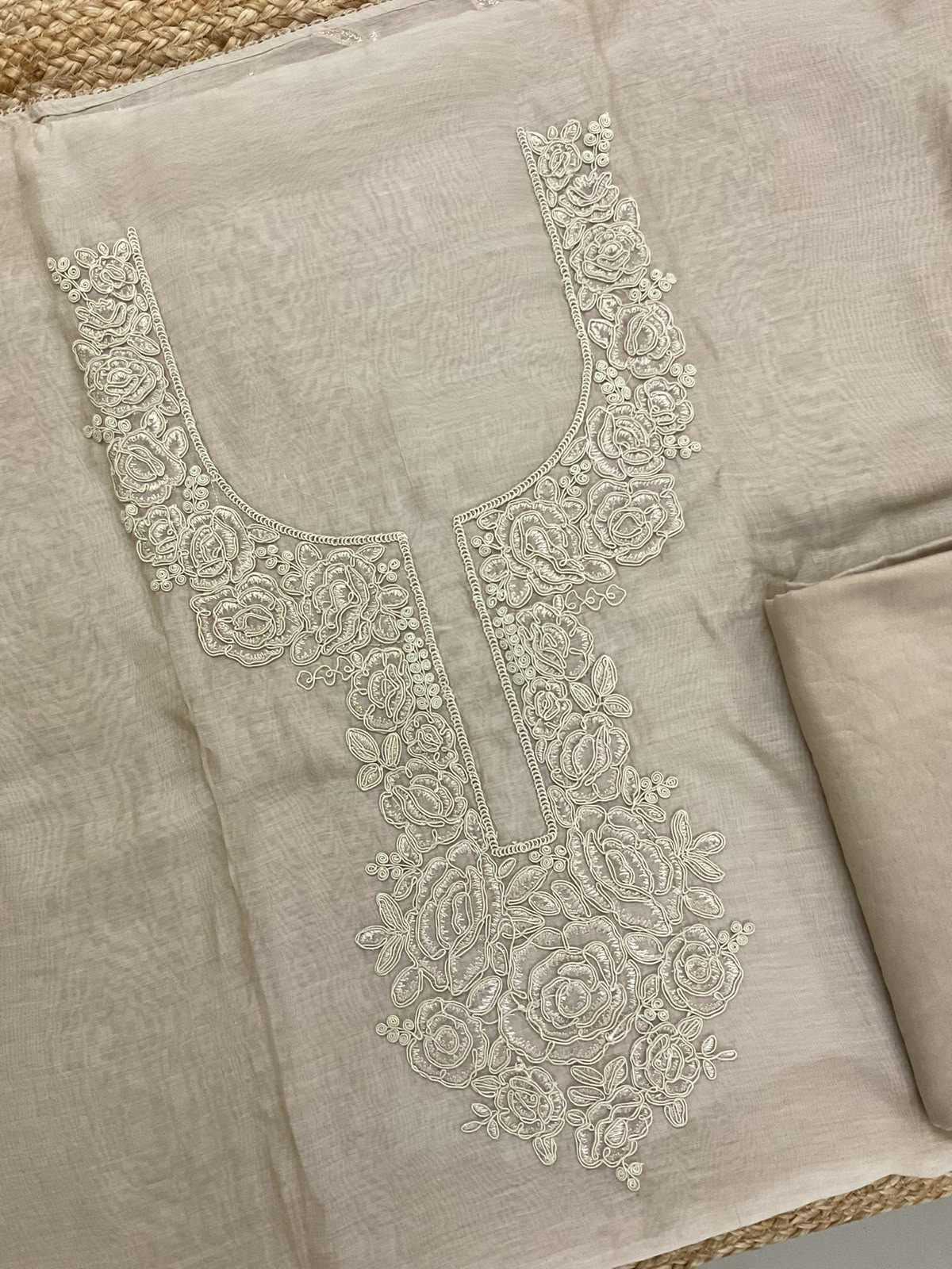 Pure Mul Chanderi Embroidered Suit - Beige