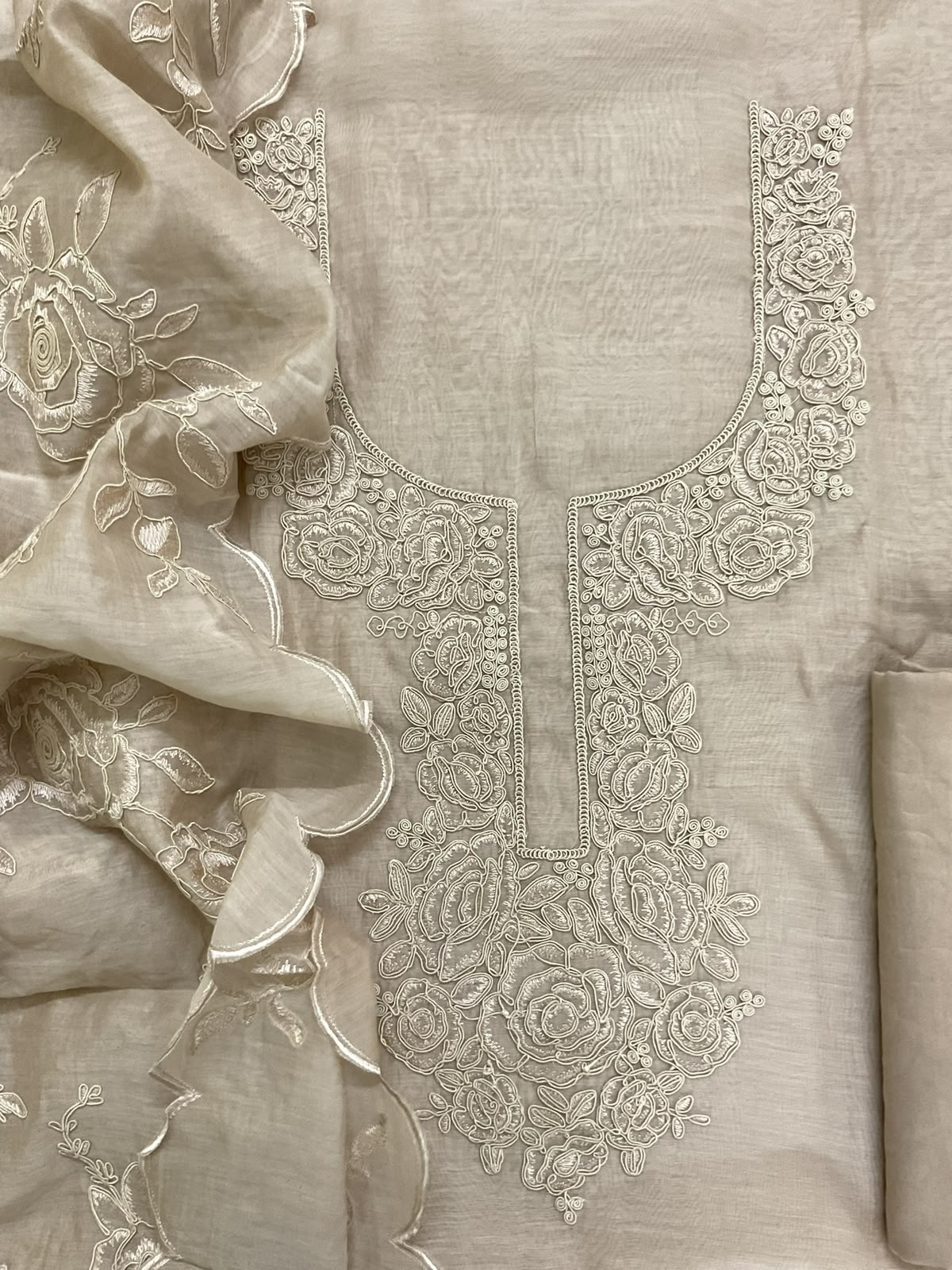 Pure Mul Chanderi Embroidered Suit - Beige
