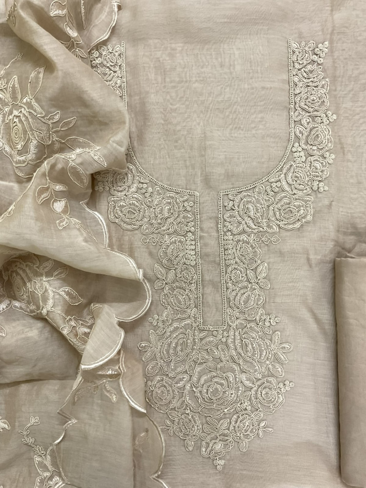 Image of Pure Mul Chanderi Embroidered Suit - Beige