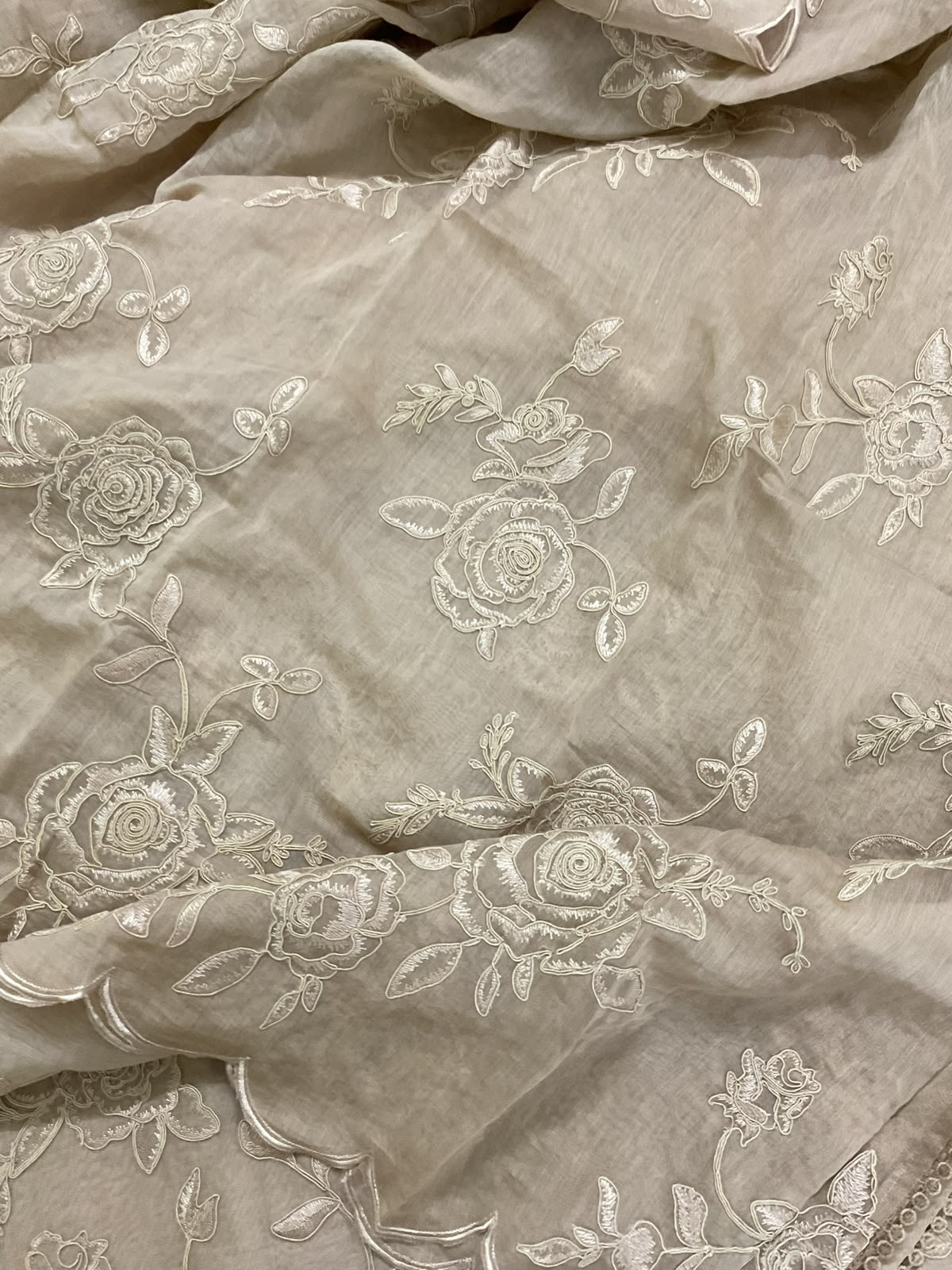 Pure Mul Chanderi Embroidered Suit - Beige