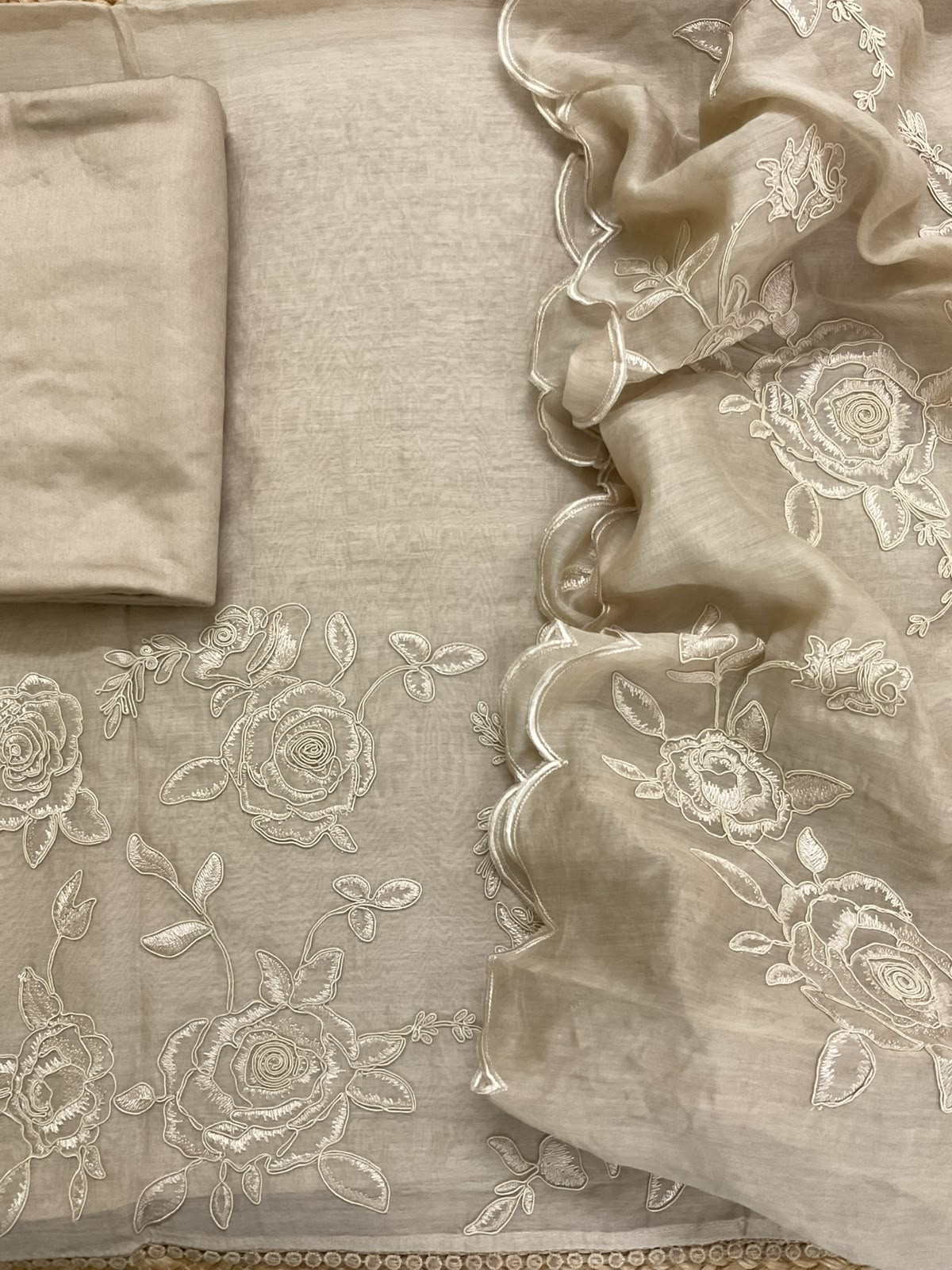 Pure Mul Chanderi Embroidered Suit - Beige