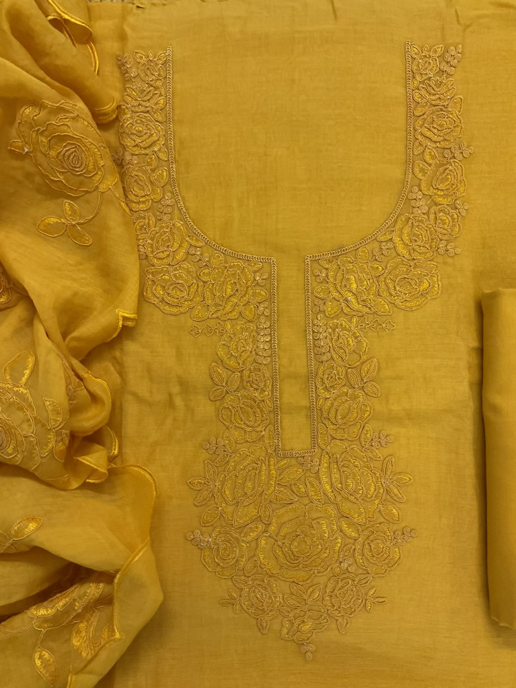 Image of Pure Mul Chanderi Embroidered Suit - Yellow