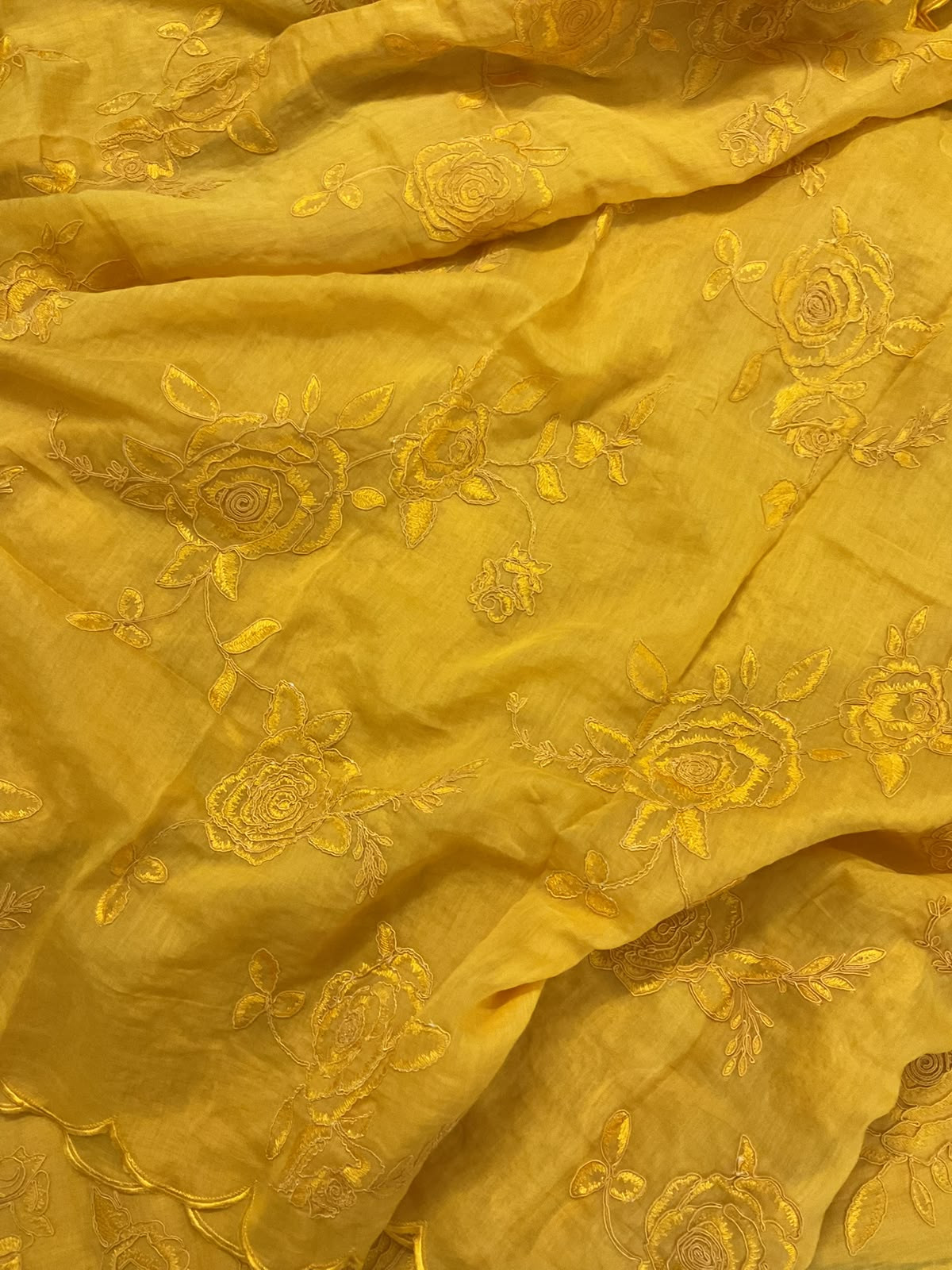 Pure Mul Chanderi Embroidered Suit - Yellow