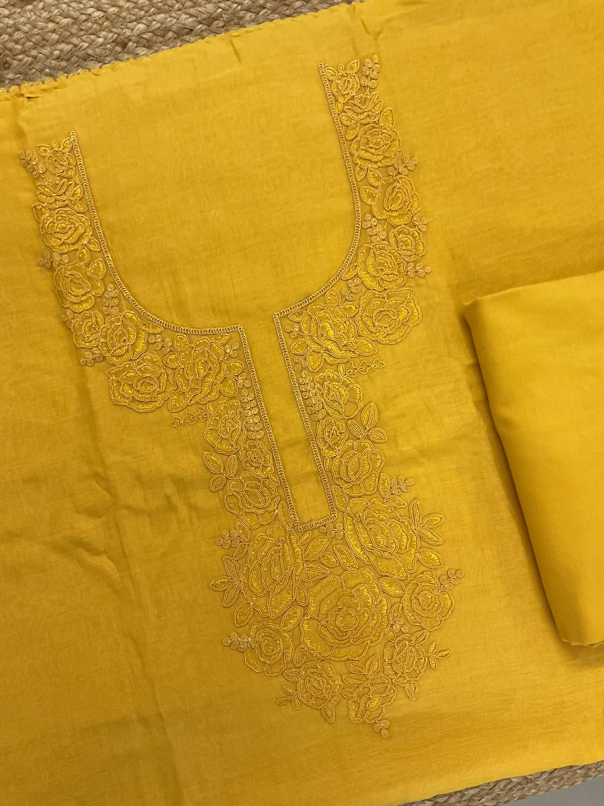 Pure Mul Chanderi Embroidered Suit - Yellow