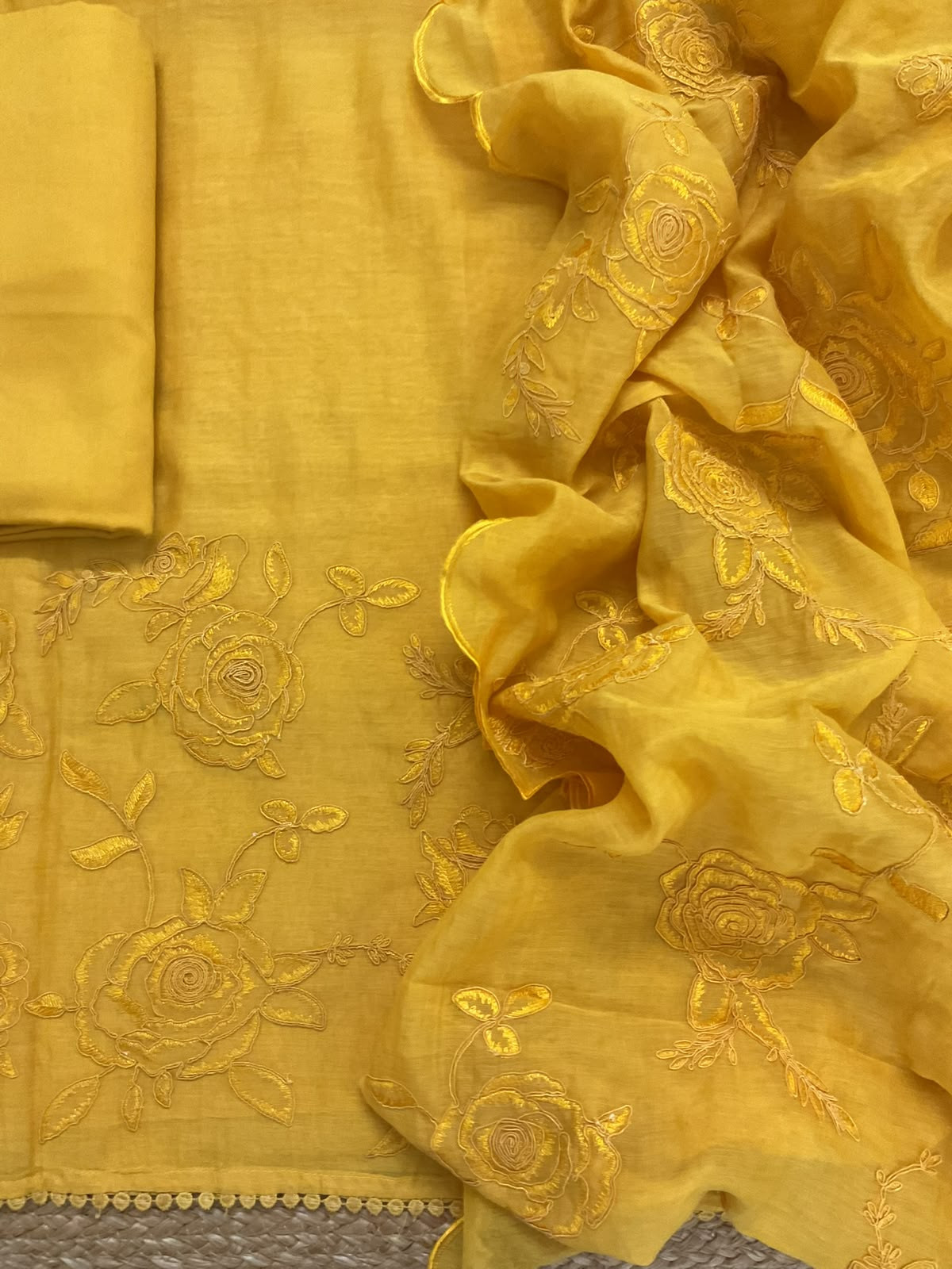 Pure Mul Chanderi Embroidered Suit - Yellow