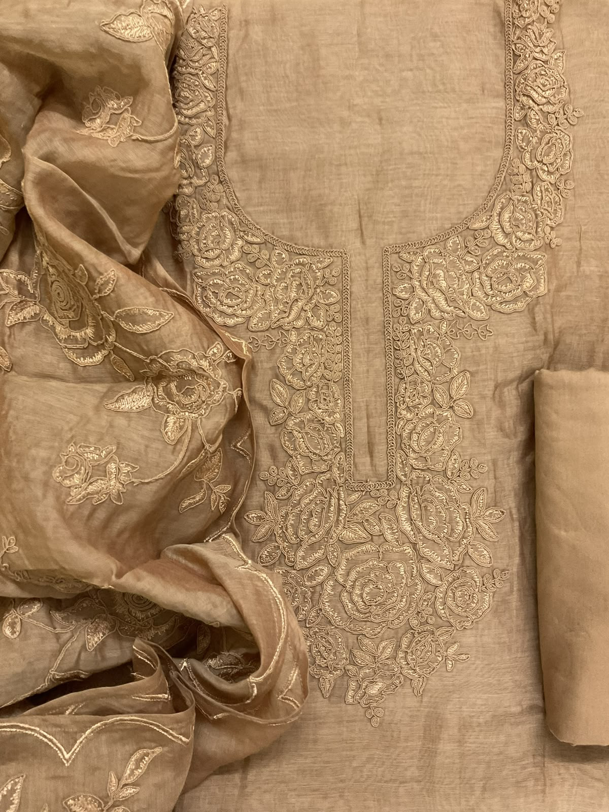Pure Mul Chanderi Embroidered Suit - Brown