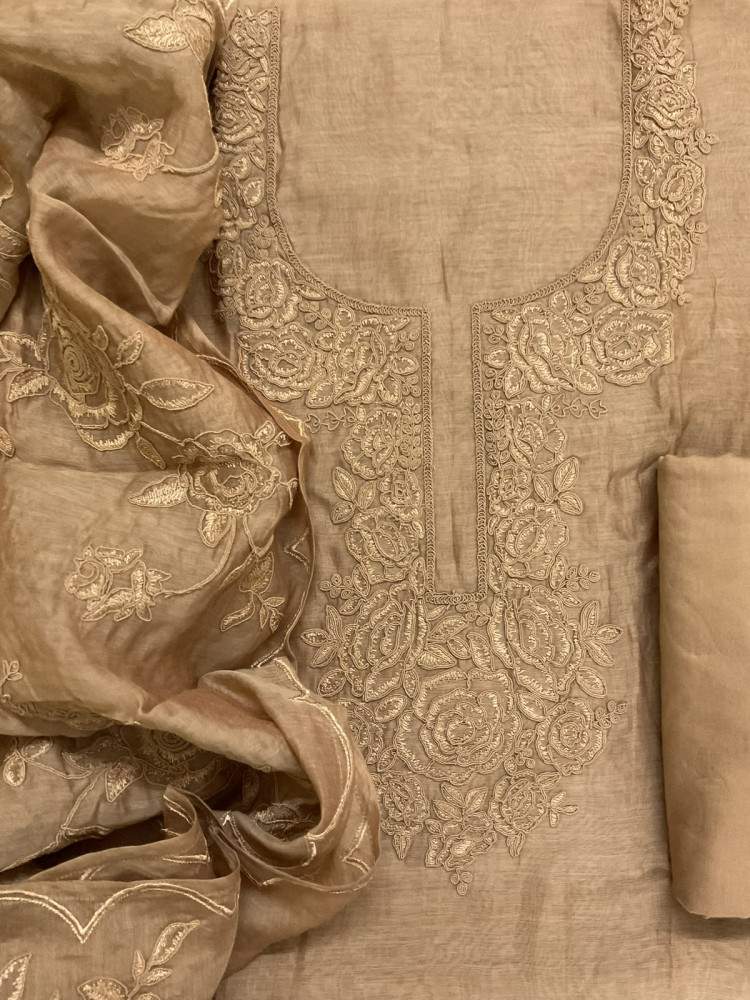 Image of Pure Mul Chanderi Embroidered Suit - Brown