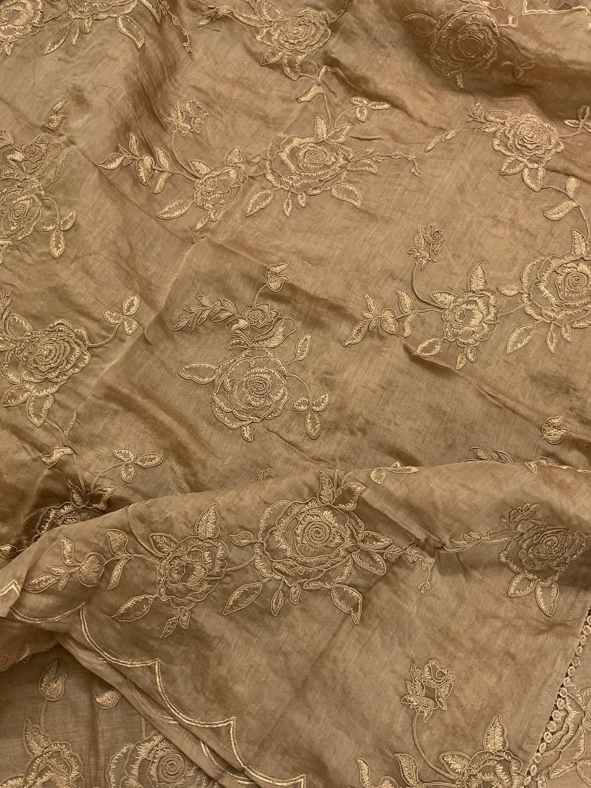 Pure Mul Chanderi Embroidered Suit - Brown