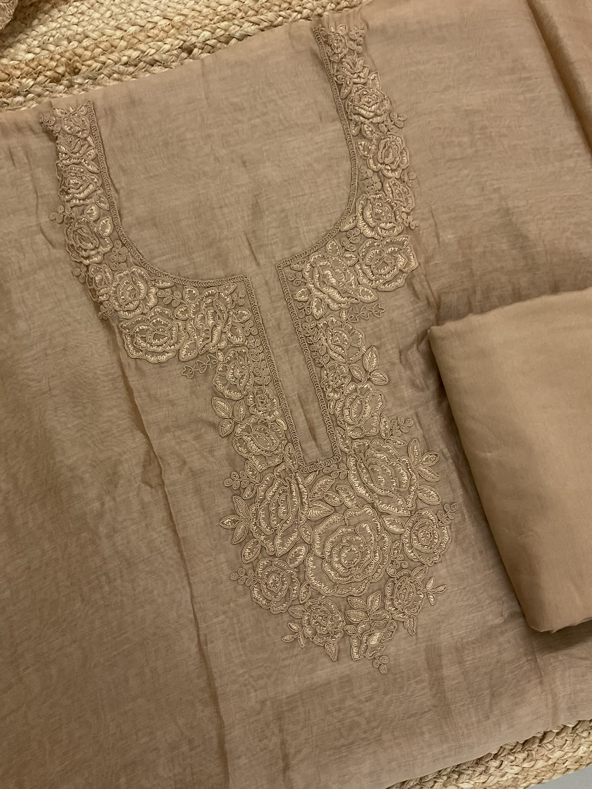 Pure Mul Chanderi Embroidered Suit - Brown
