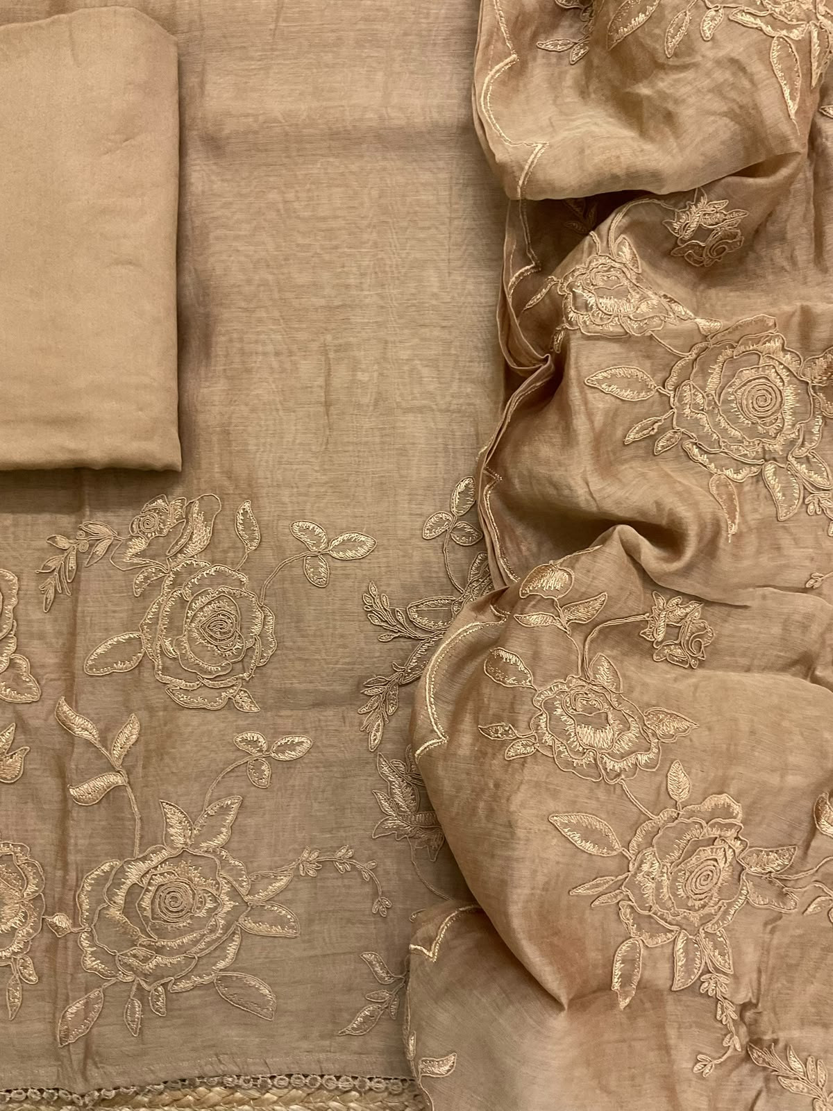 Pure Mul Chanderi Embroidered Suit - Brown