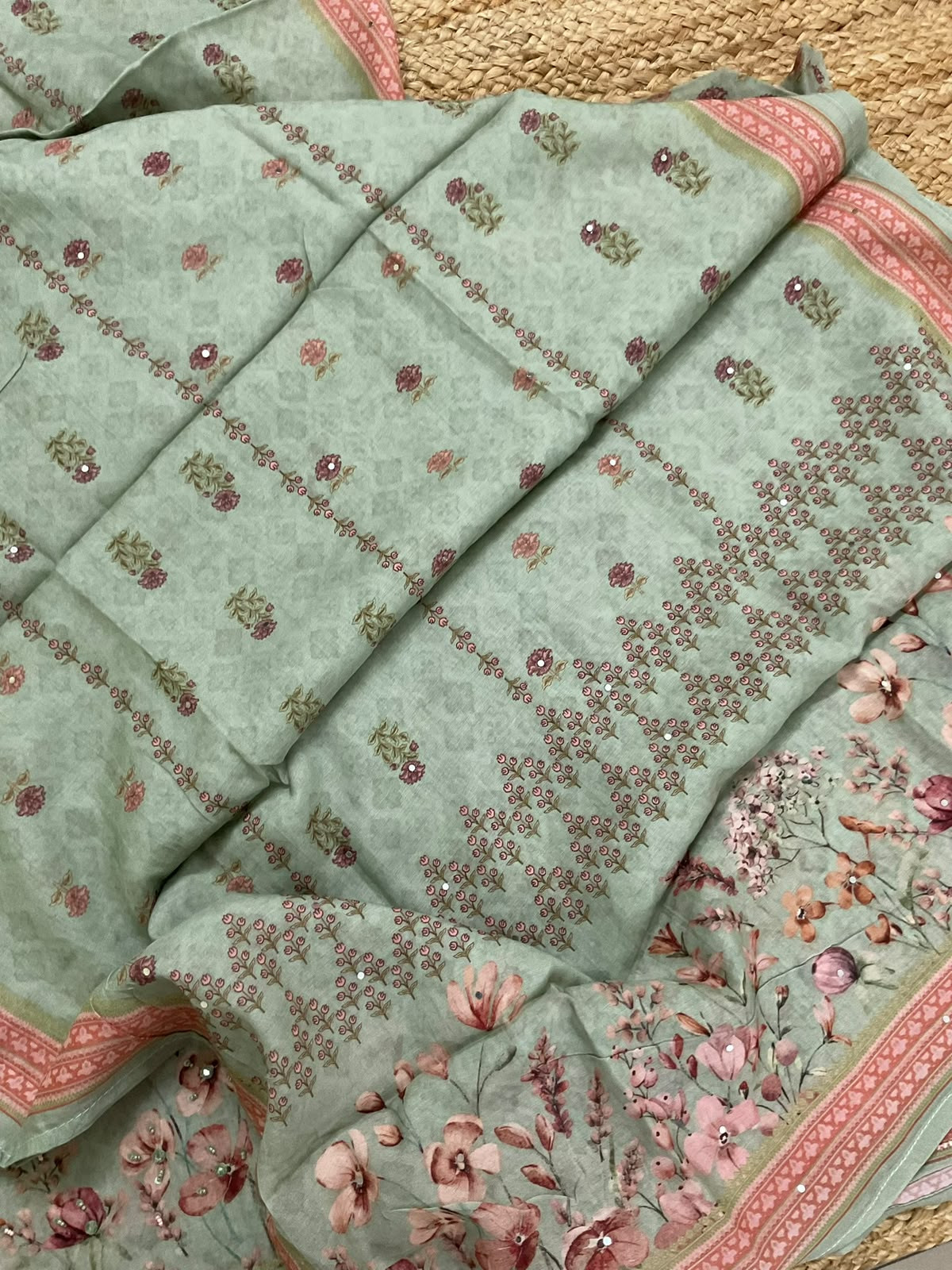 Pure Muslin Printed Embroidered Suit - Green