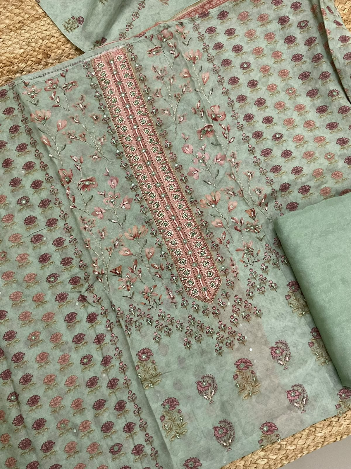 Pure Muslin Printed Embroidered Suit - Green