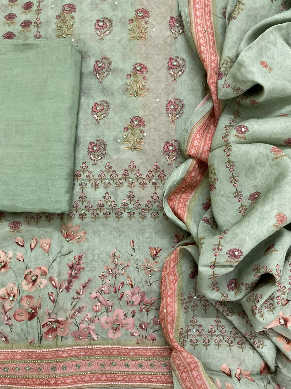 Pure Muslin Printed Embroidered Suit - Green