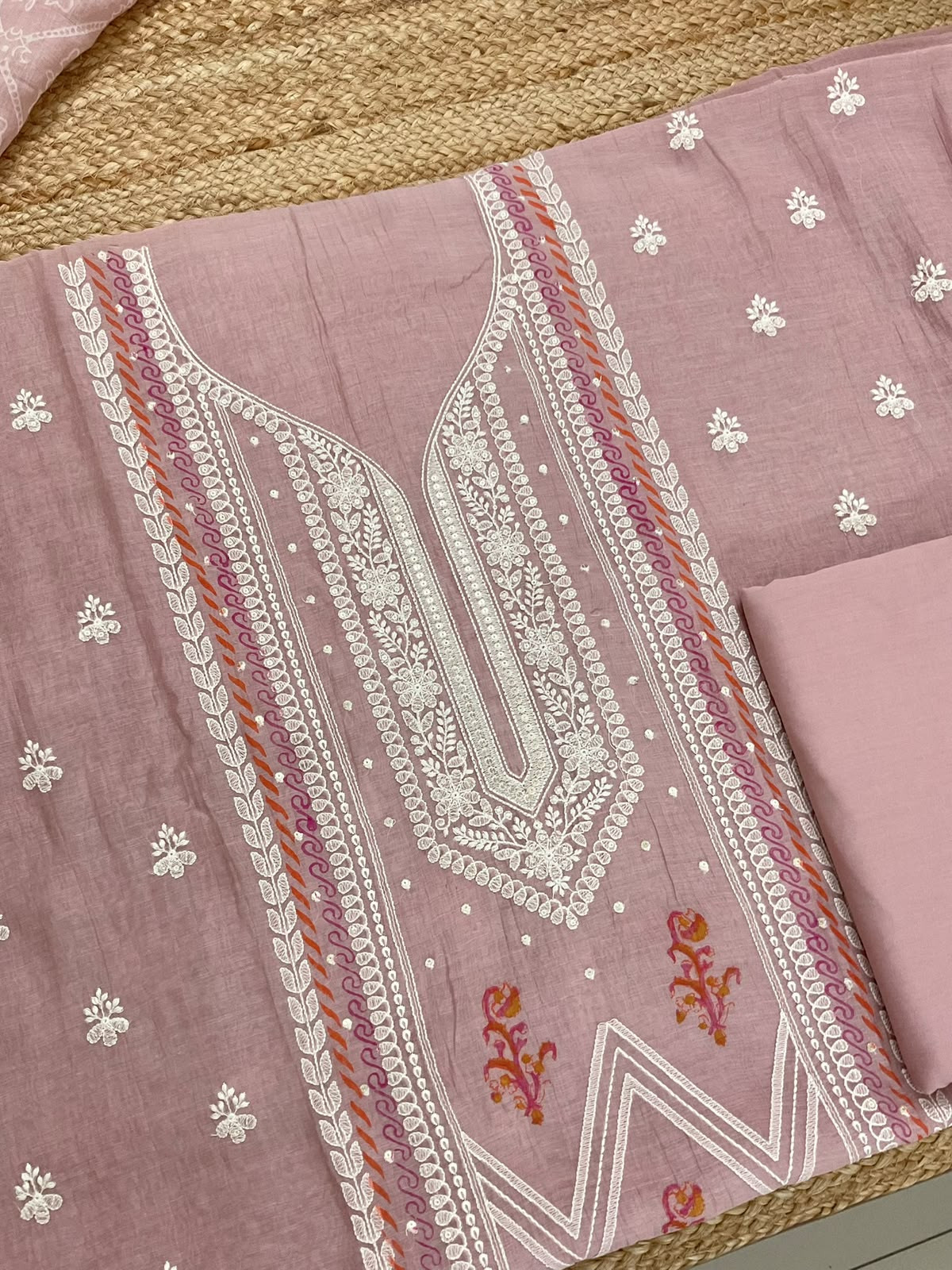 Pure Mul Chanderi Printed Embroidered Suit - Pink