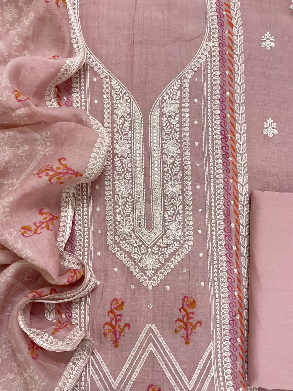 Pure Mul Chanderi Printed Embroidered Suit - Pink