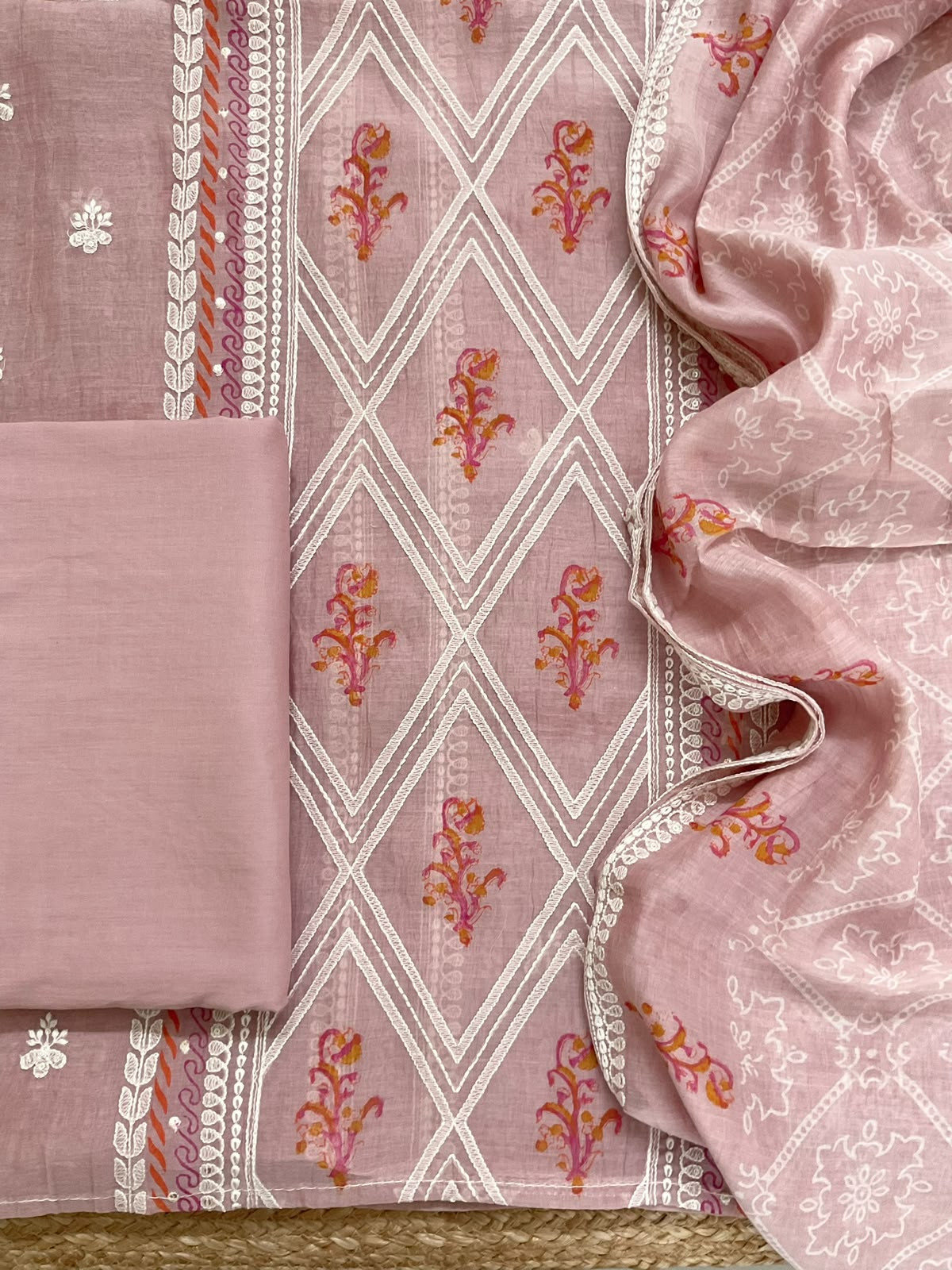 Pure Mul Chanderi Printed Embroidered Suit - Pink