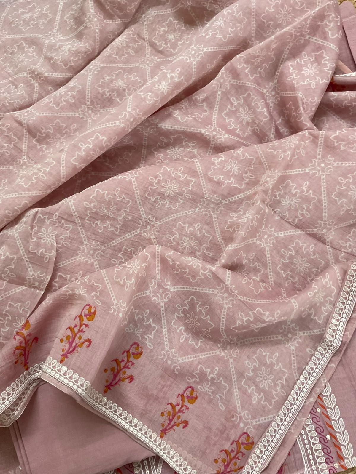 Pure Mul Chanderi Printed Embroidered Suit - Pink