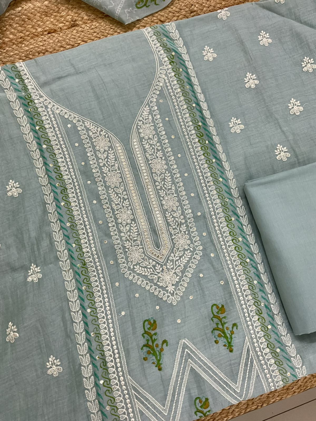 Pure Mul Chanderi Printed Embroidered Suit - Blue