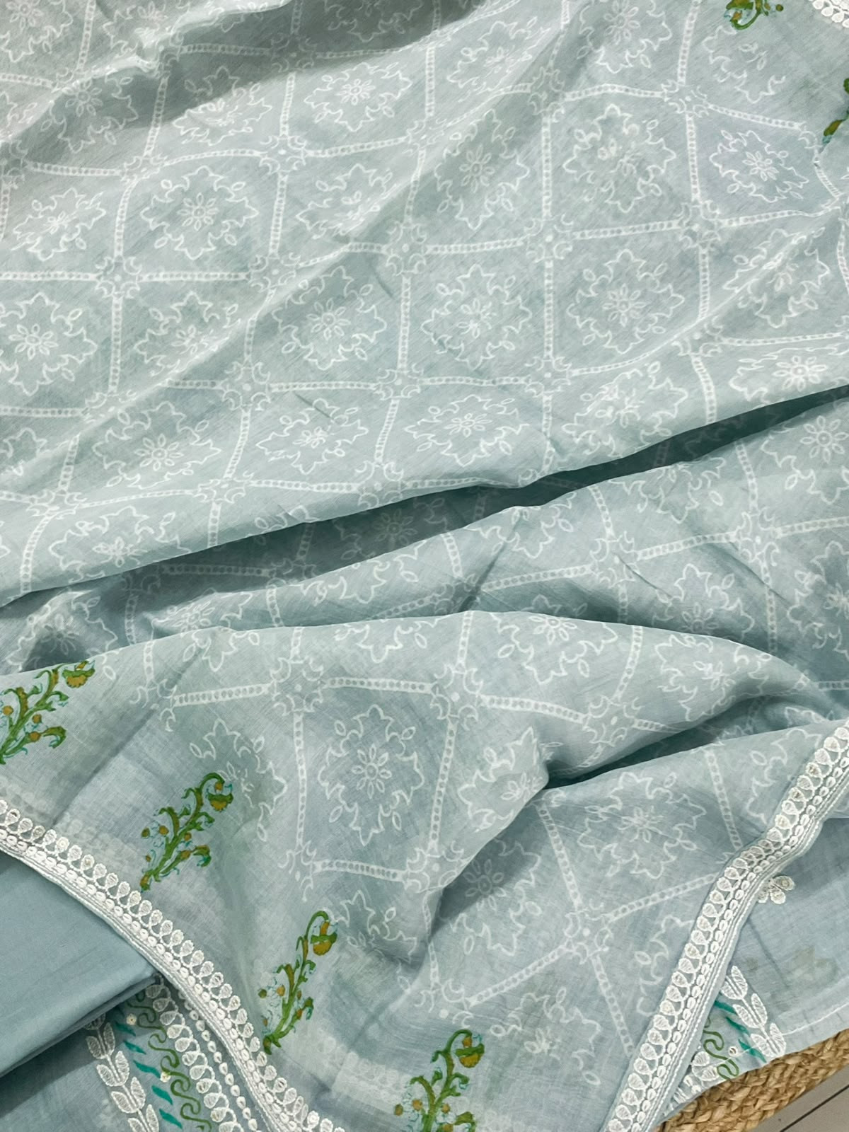 Pure Mul Chanderi Printed Embroidered Suit - Blue