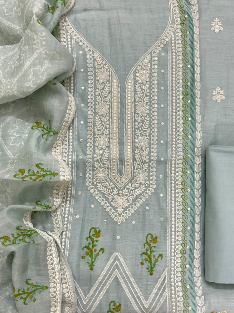 Image of Pure Mul Chanderi Printed Embroidered Suit - Blue