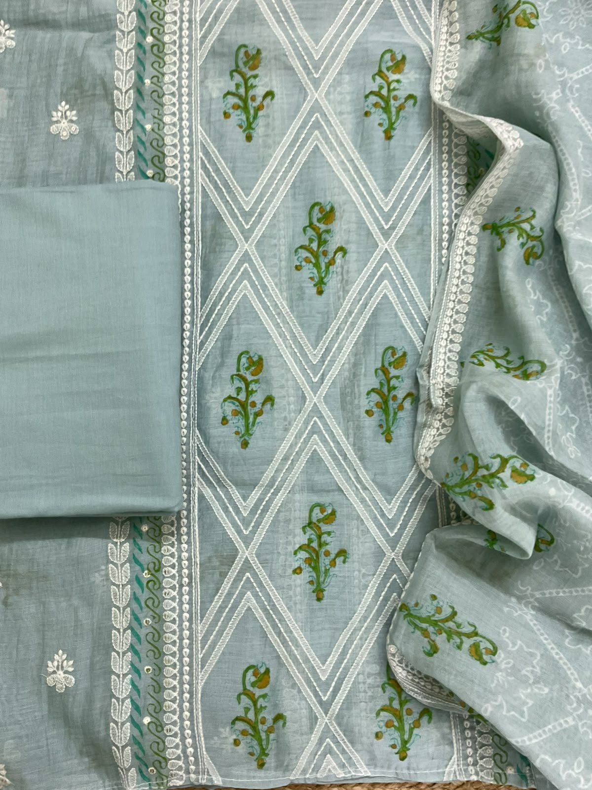 Pure Mul Chanderi Printed Embroidered Suit - Blue