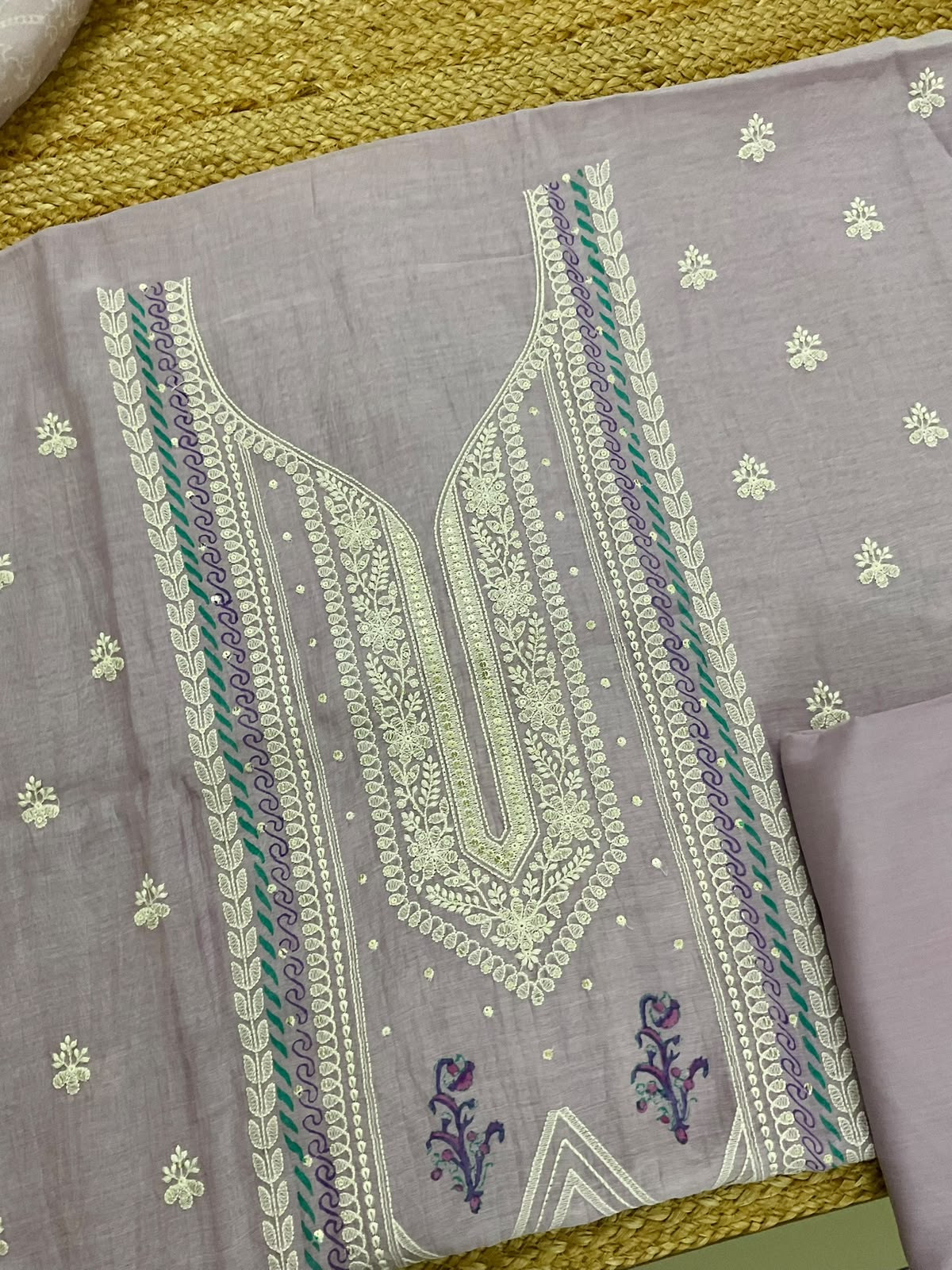 Pure Mul Chanderi Printed Embroidered Suit - Lavender