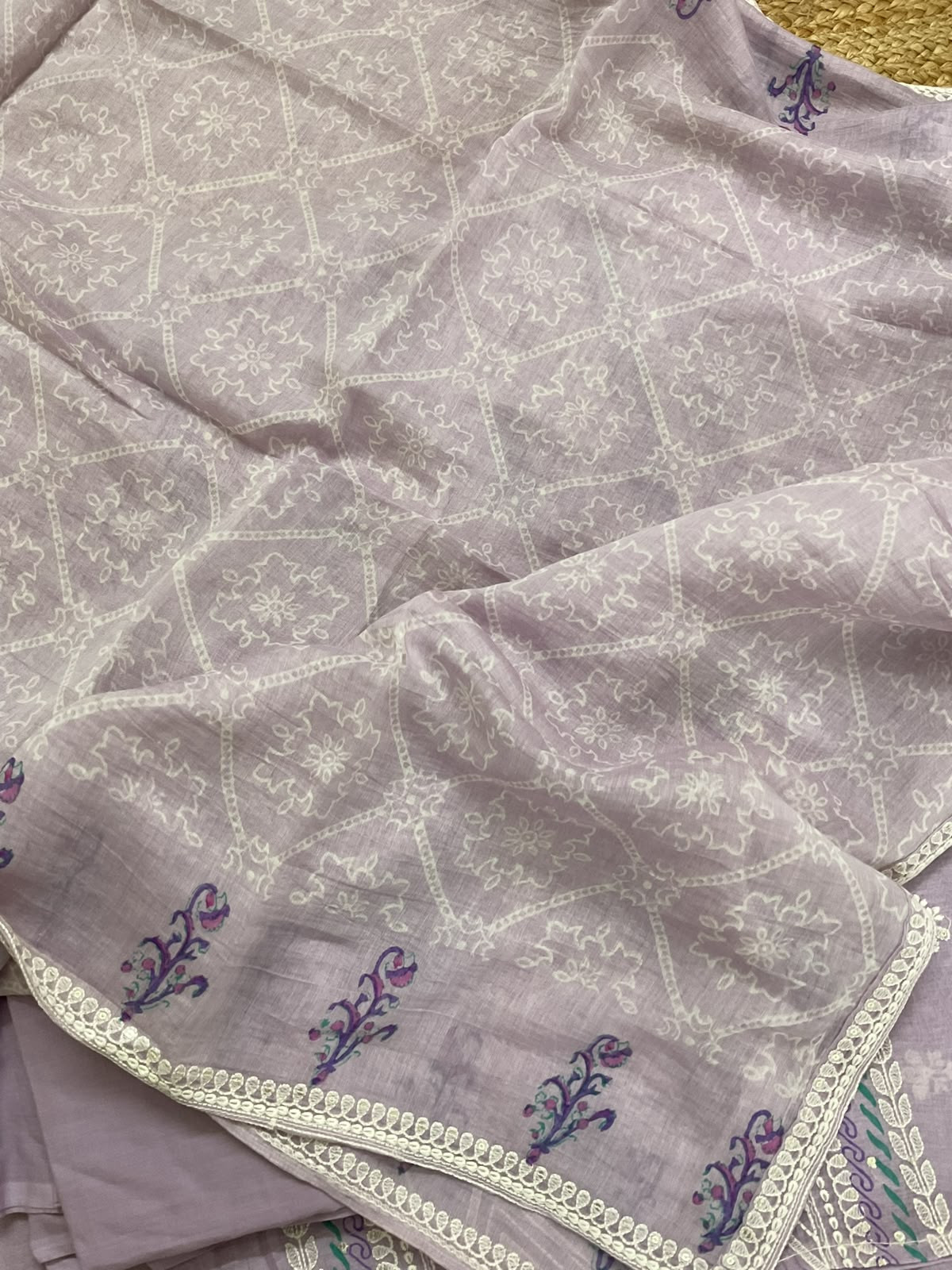 Pure Mul Chanderi Printed Embroidered Suit - Lavender