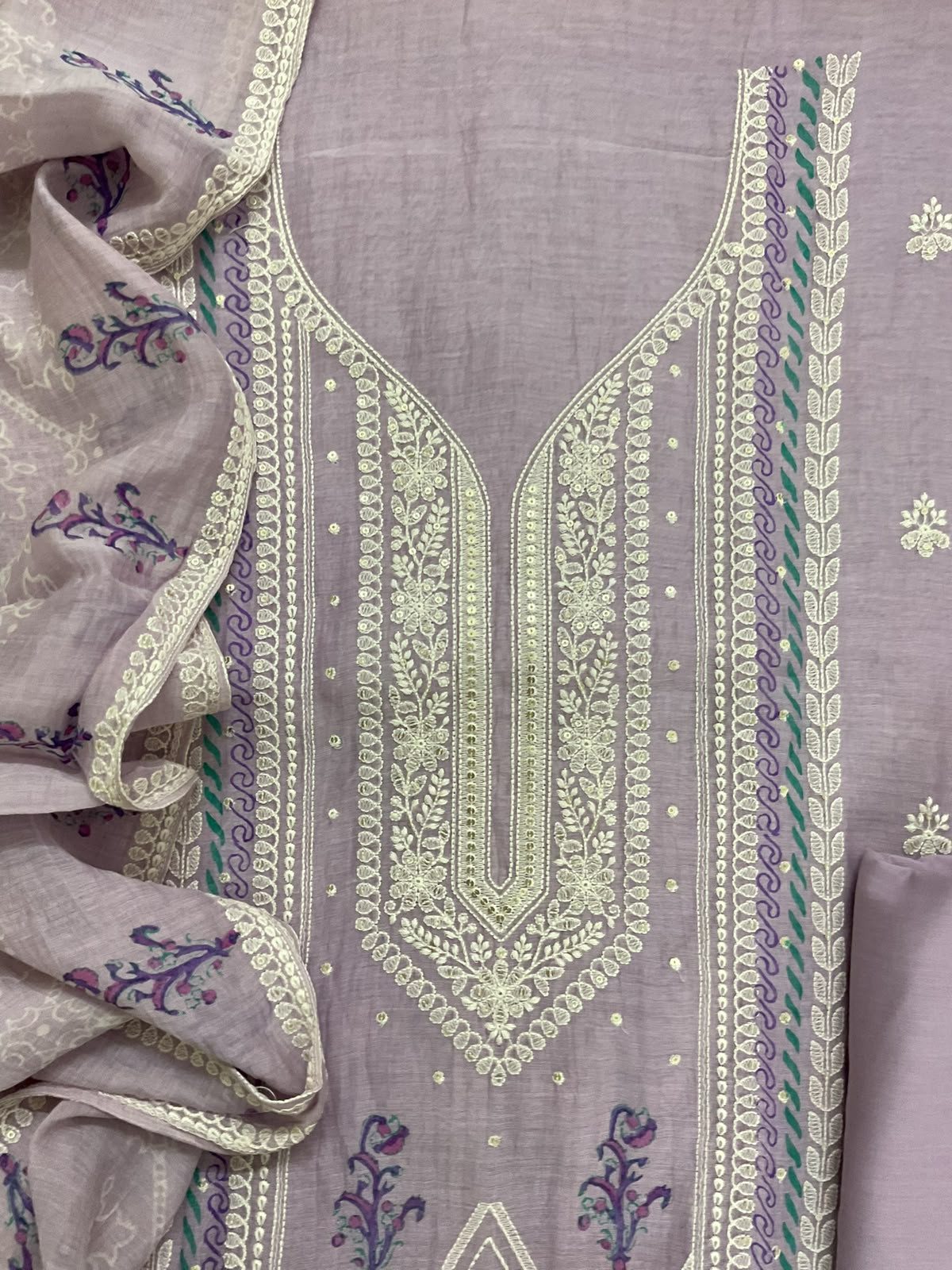 Pure Mul Chanderi Printed Embroidered Suit - Lavender