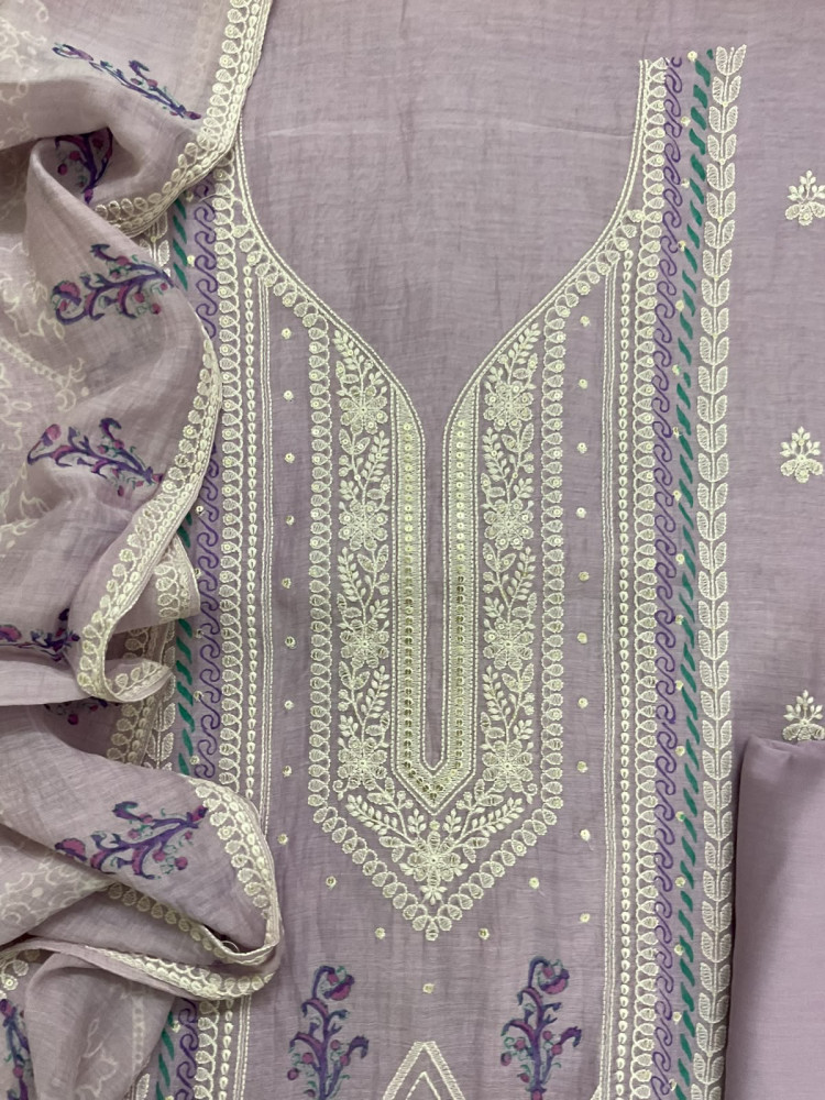 Image of Pure Mul Chanderi Printed Embroidered Suit - Lavender