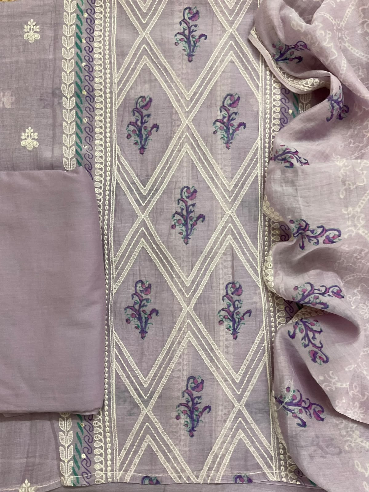 Pure Mul Chanderi Printed Embroidered Suit - Lavender