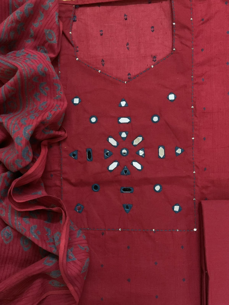 Image of Pure Handloom Cotton Self Weaved Printed Embroidered Suit - Dark Red