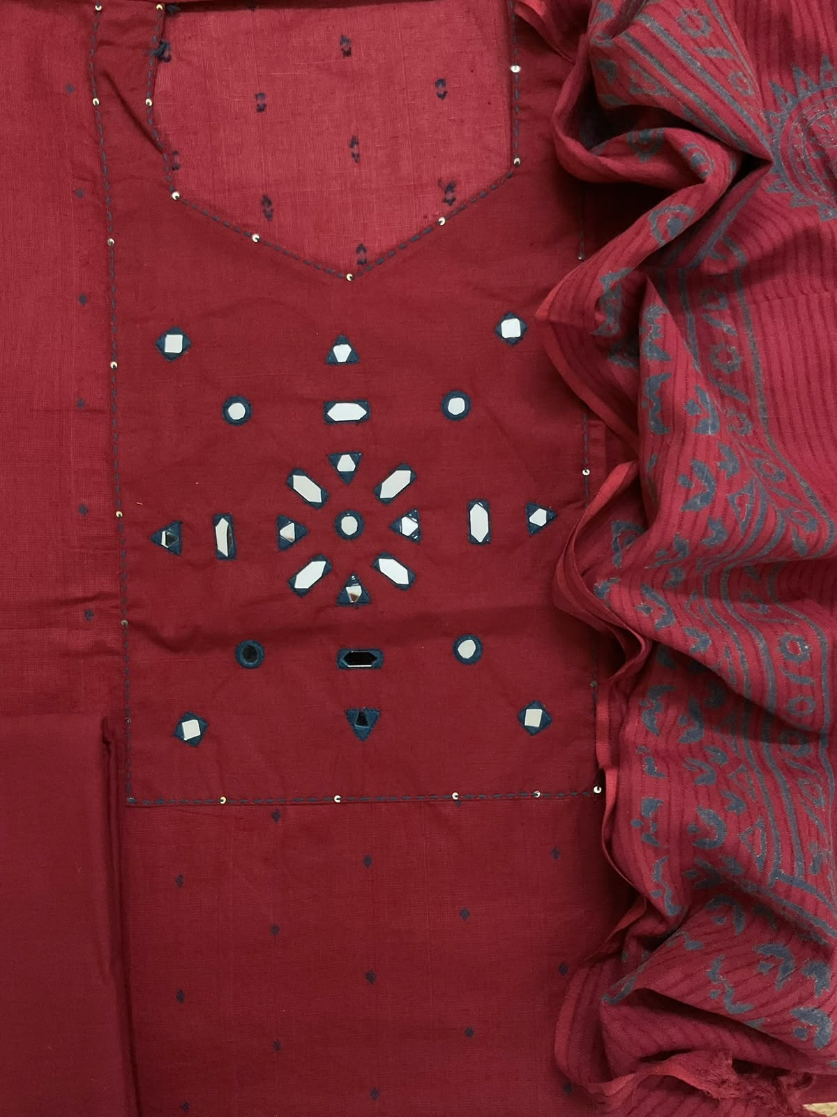 Pure Handloom Cotton Self Weaved Printed Embroidered Suit - Dark Red
