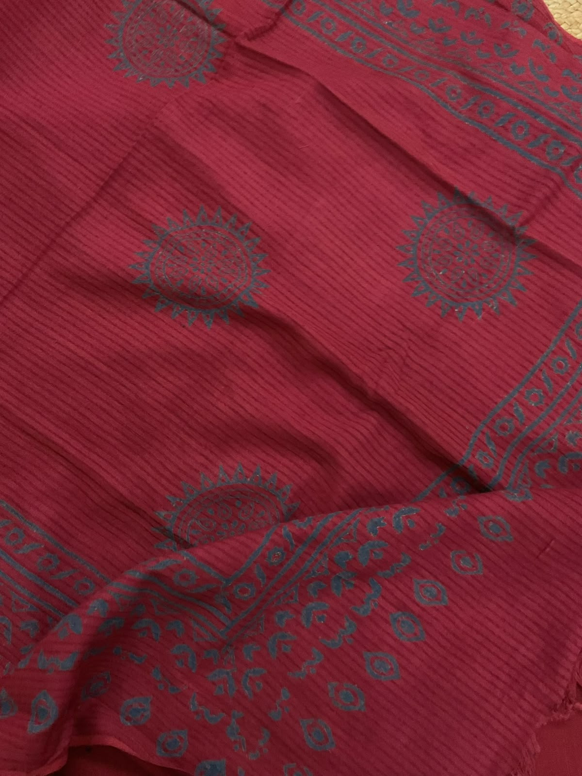 Pure Handloom Cotton Self Weaved Printed Embroidered Suit - Dark Red