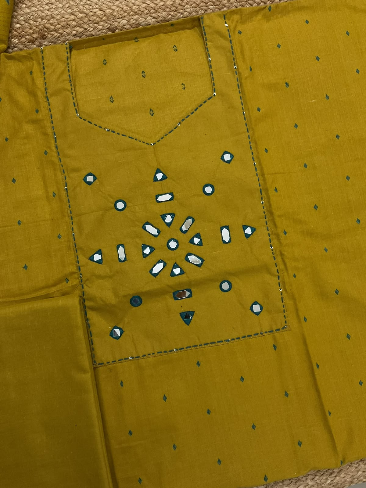 Pure Handloom Cotton Self Weaved Printed Embroidered Suit - Yellow