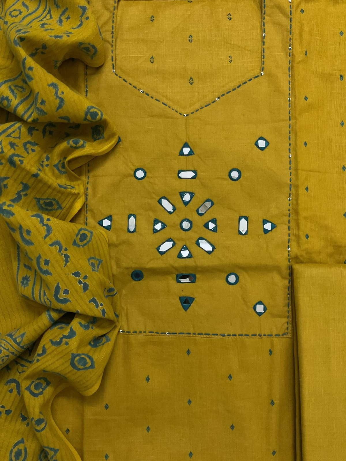 Pure Handloom Cotton Self Weaved Printed Embroidered Suit - Yellow